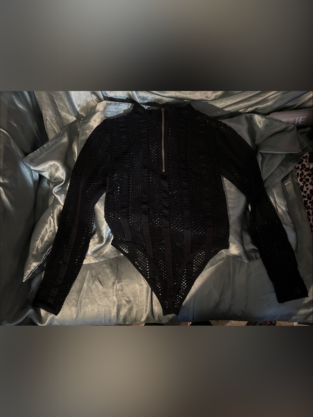 Black netted Long-Sleeve Bodysuit with Front Zipper